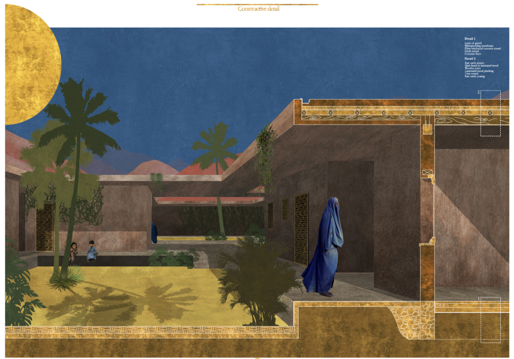 Construction detail highlights raw-earth architecture, shaded courtyards, and climate-responsive design.