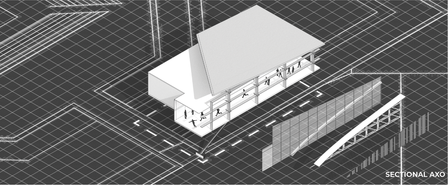 Sectional axonometric showing the sports centre’s layered structure, circulation, facade system, and elevated activity zones.