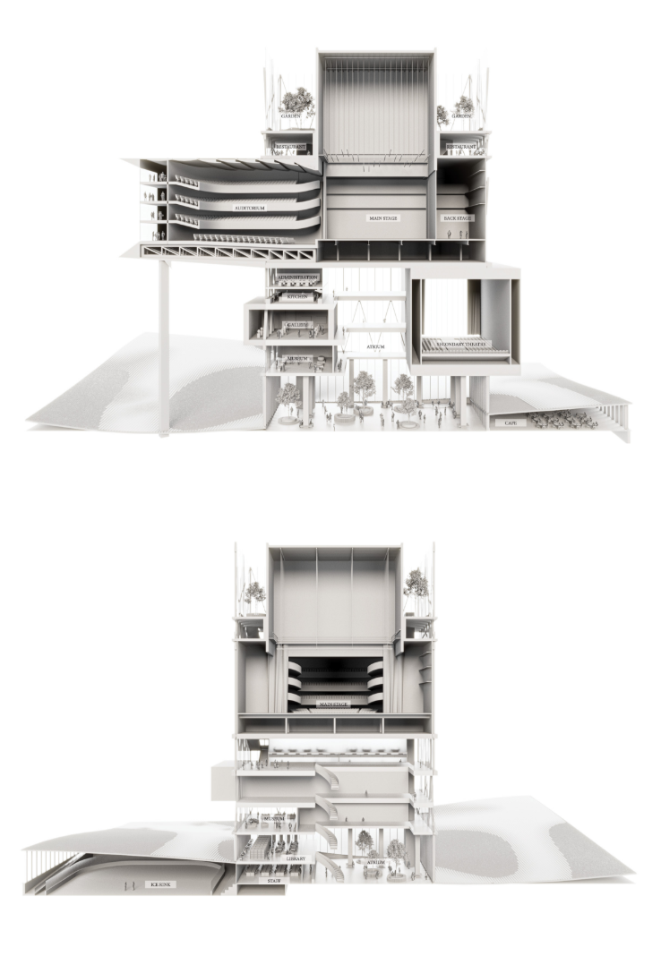 Vertical sections reveal the stacked opera house program.
