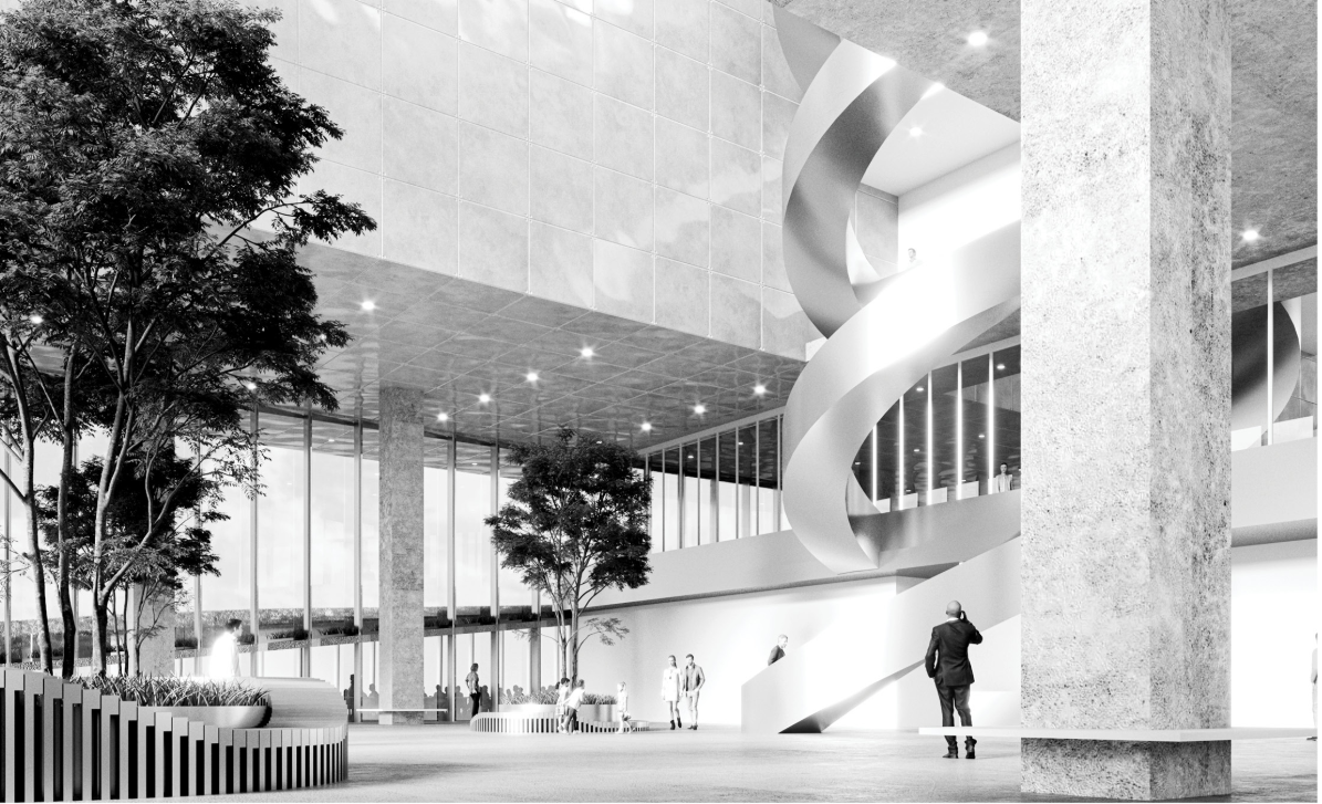 A monumental public atrium shaped by light and circulation.