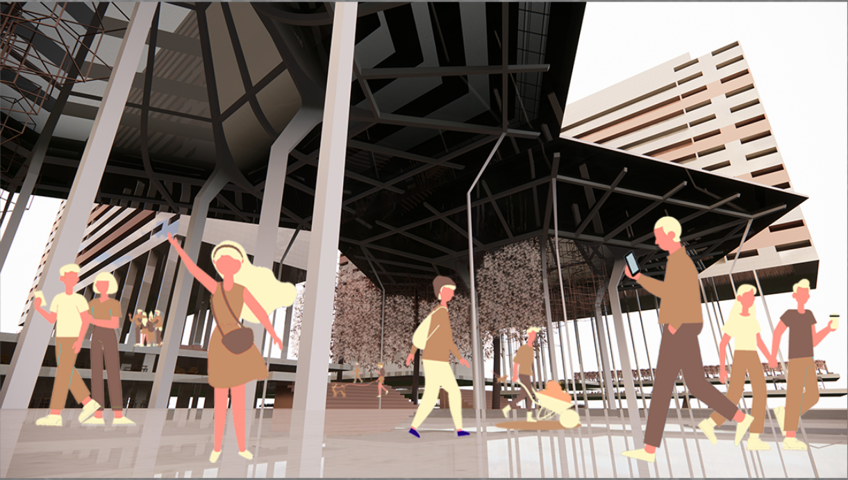 Elevated structures frame a lively public realm beneath the housing towers.