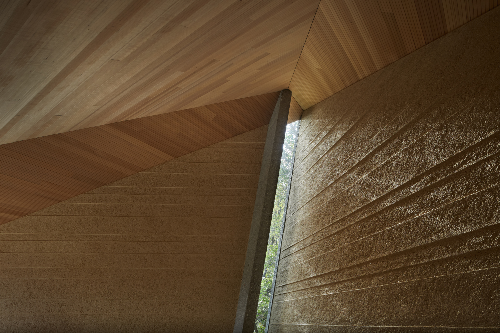 Angled timber ceiling meeting textured stone wall at a vertical window slit revealing foliage