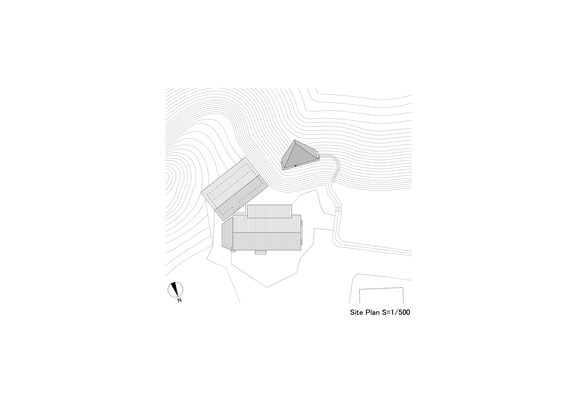Site plan drawing showing buildings positioned among topographic contour lines and landscaping
