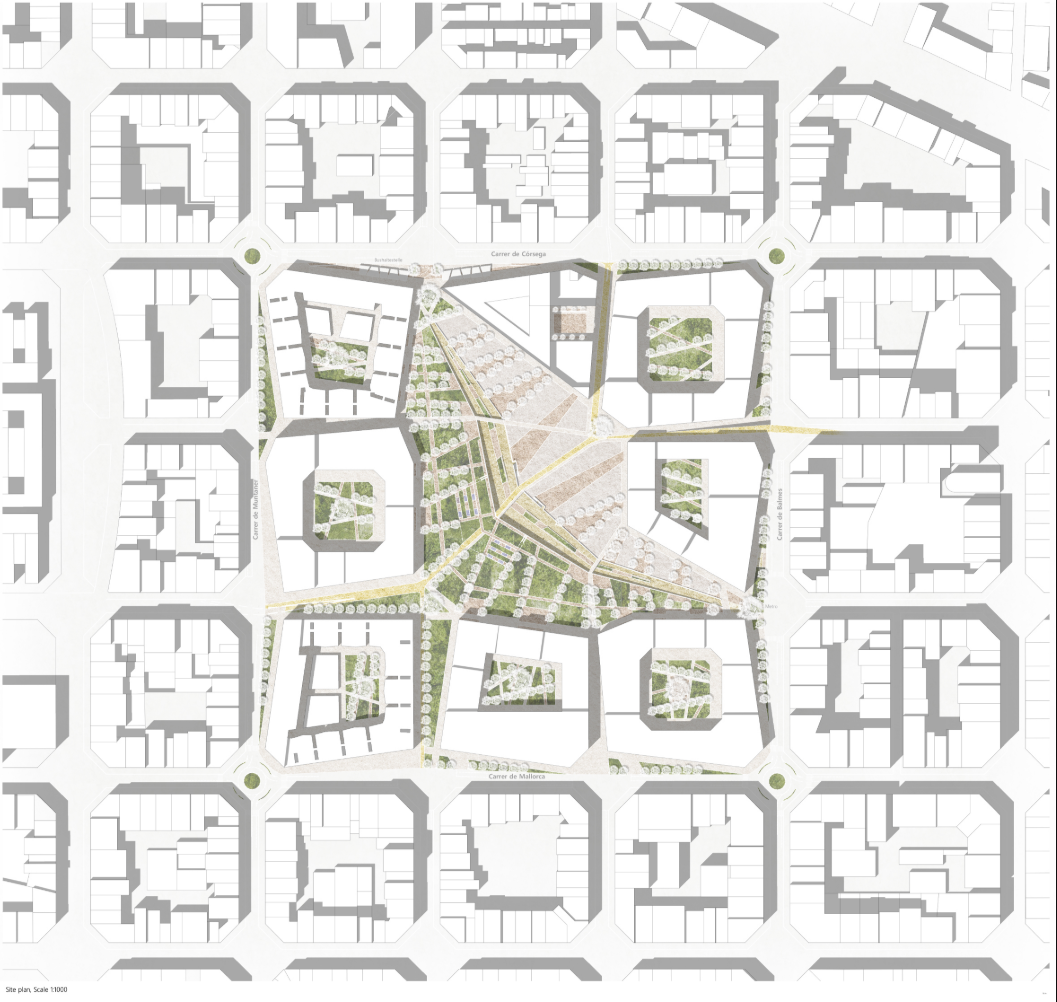 Site plan transforming Barcelona’s rigid urban grid into a connected green hyperblock