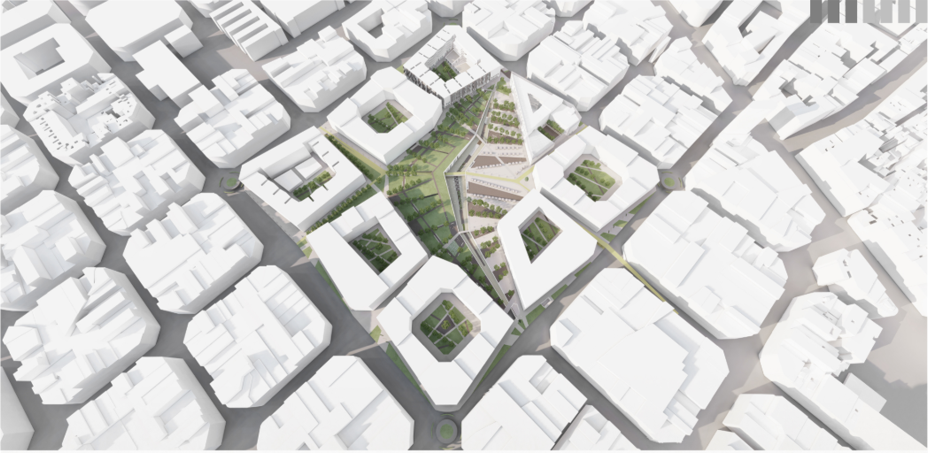 Bird’s-eye view showing the central green vein weaving through Barcelona’s dense blocks