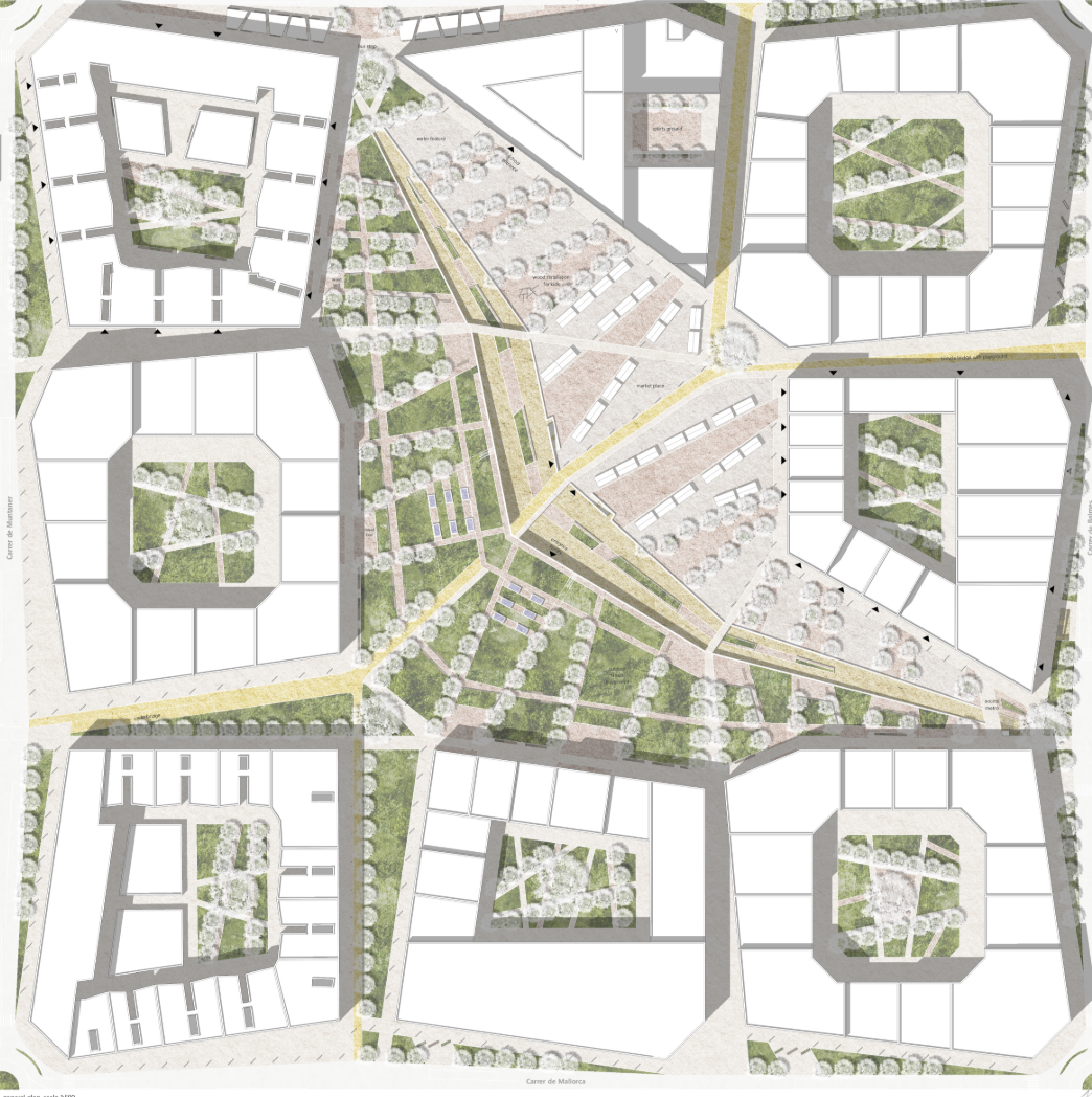 Masterplan integrating courtyards, landscaped corridors, public plazas, and pedestrian routes