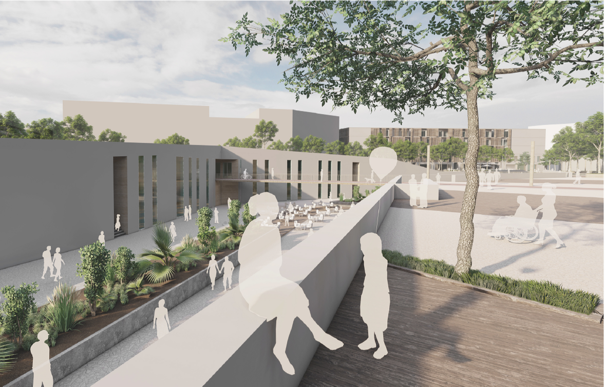Layered pedestrian spaces connect sunken programs, planted areas, and active public zones