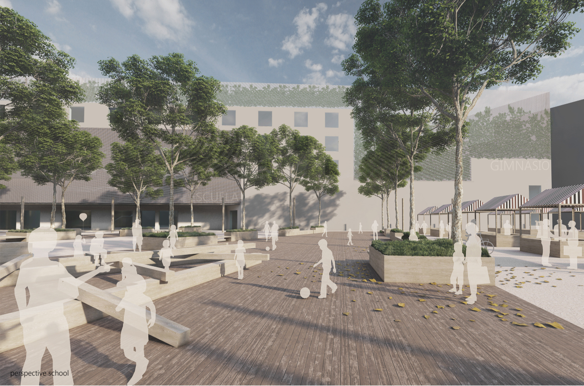 School plaza combines shaded seating, play areas, greenery, and flexible community space