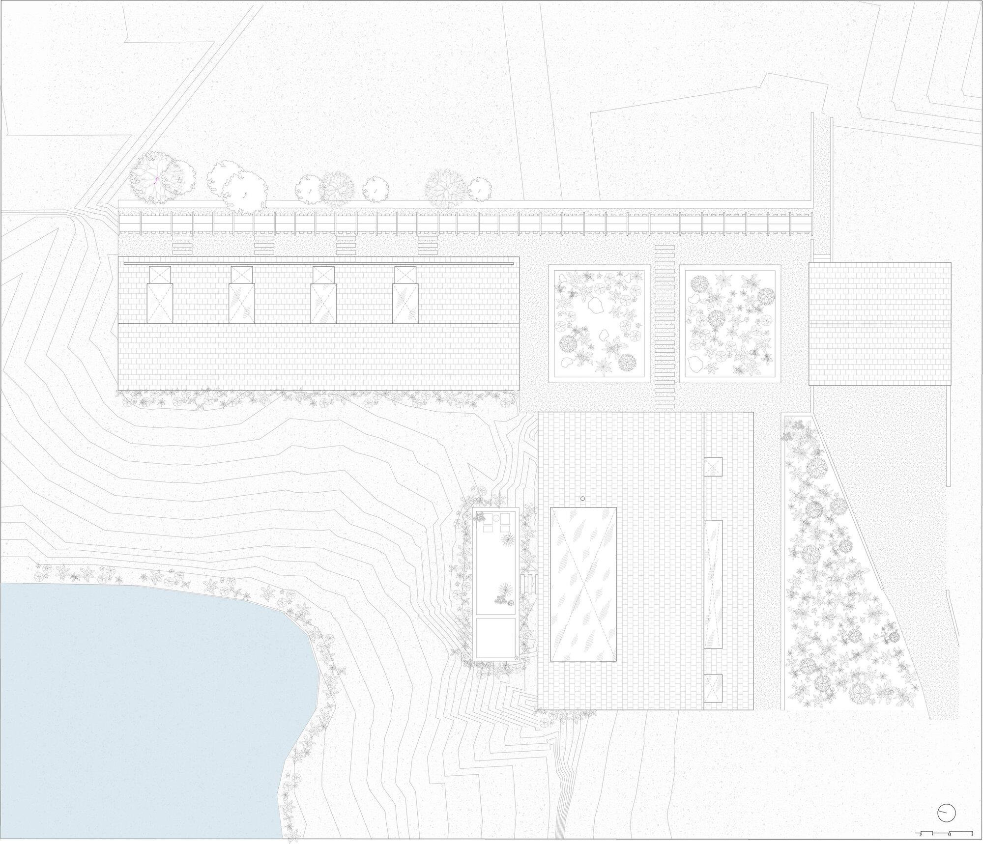 Roof plan drawing depicting various building footprints with different roof textures adjacent to a water body