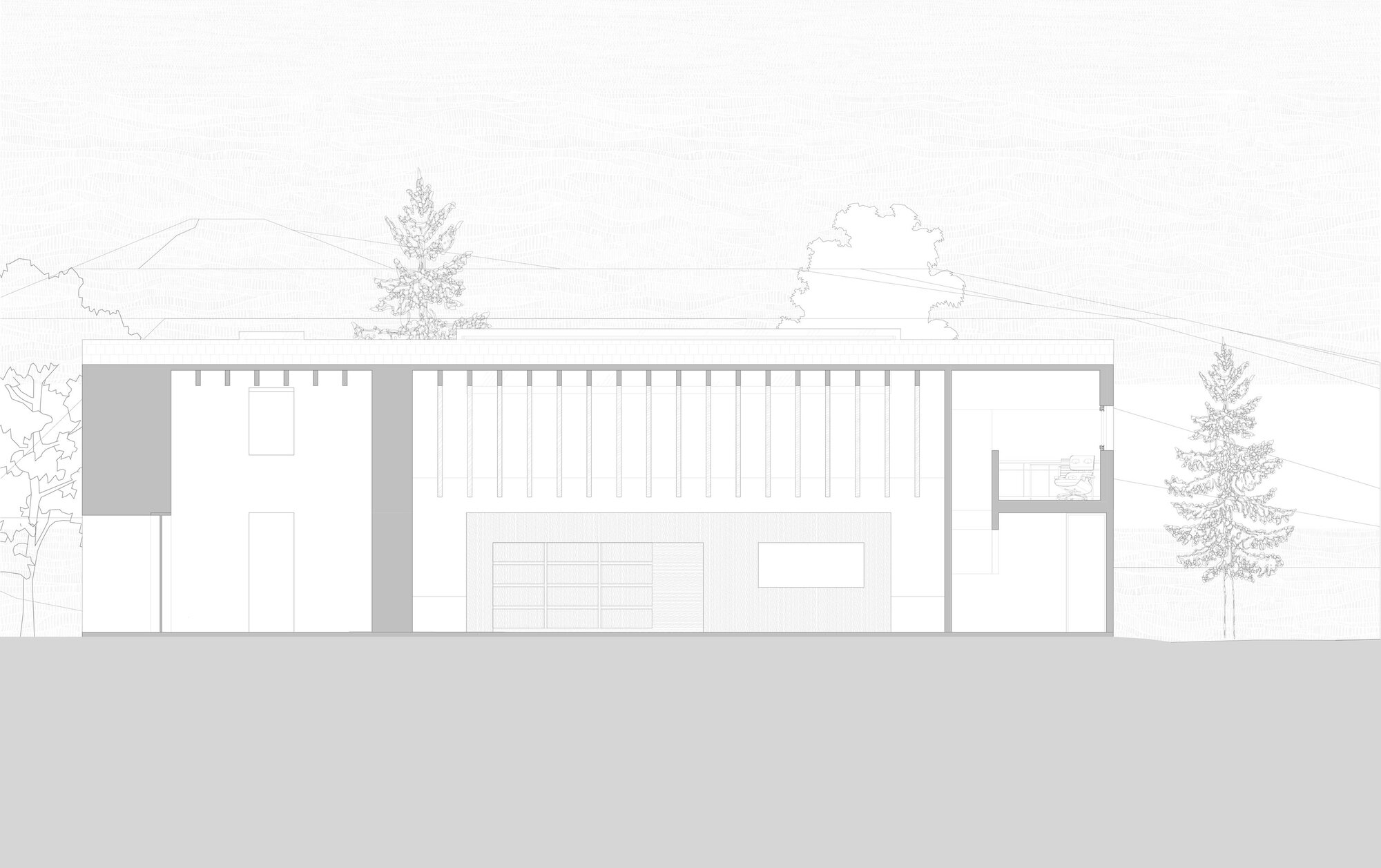 Elevation drawing depicting a long facade with repeating vertical louvers and flanking trees