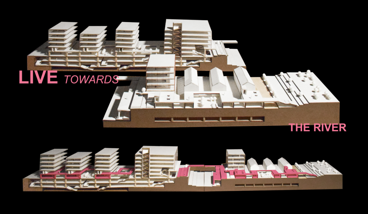 Concept model illustrating the parasitic architectural intervention reconnecting Suzhou Creek through an elevated public circulation network.