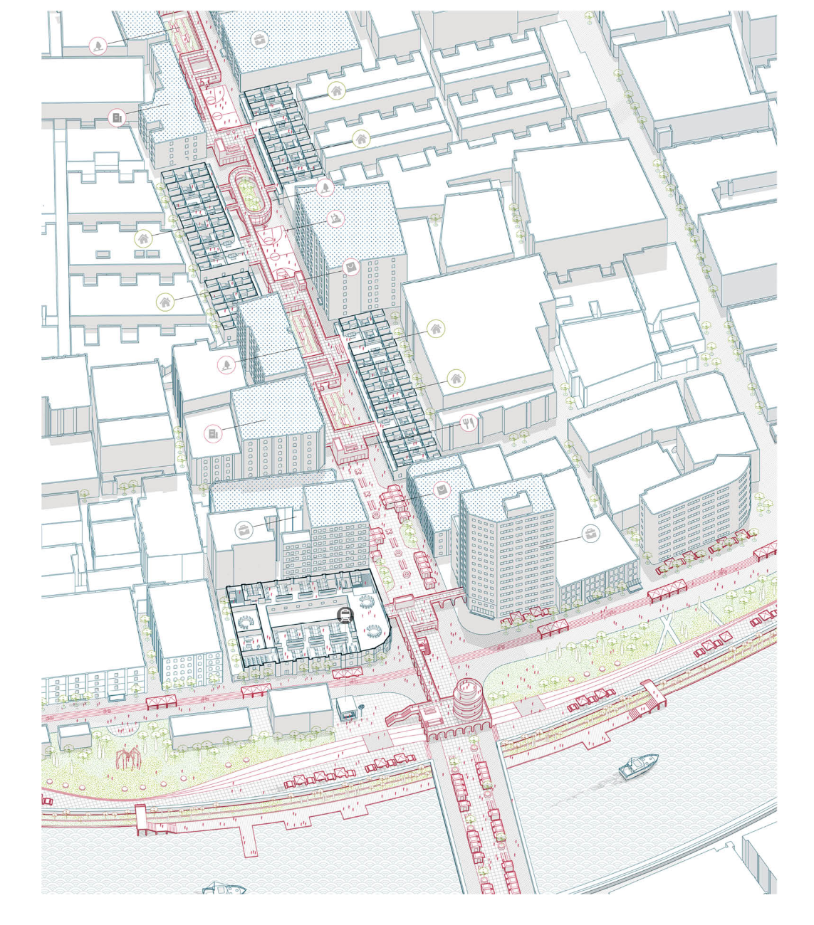 Axonometric masterplan showcasing pedestrian corridors, community programs, and enhanced connectivity between dense urban neighborhoods and the waterfront.