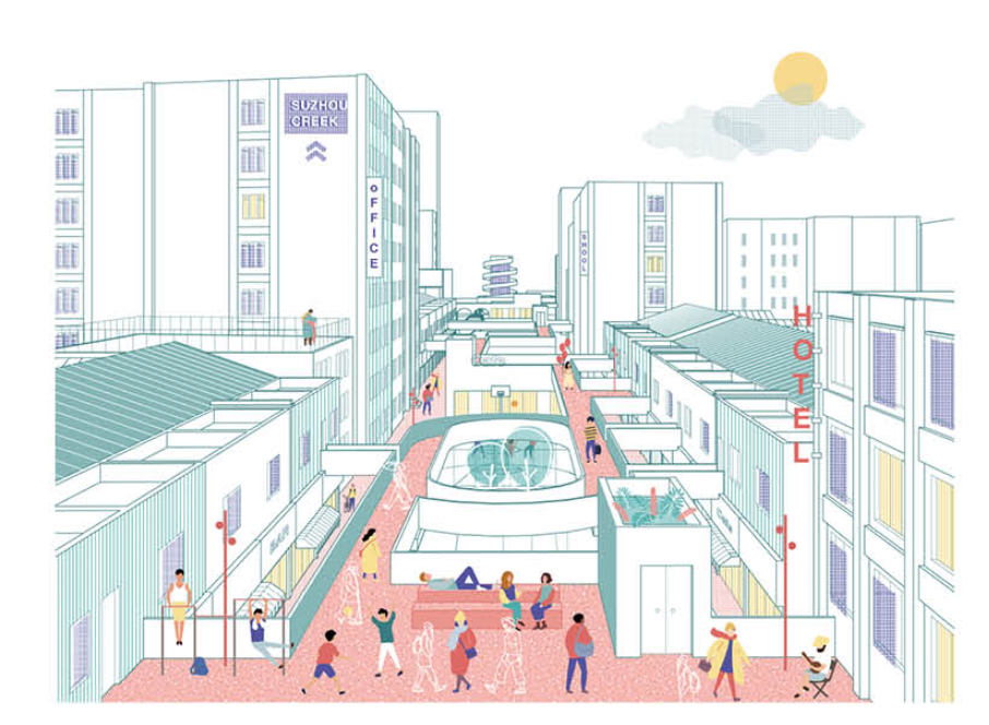 Street-level visualization activating underused urban fabric with public amenities, shared spaces, and pedestrian-friendly interventions.