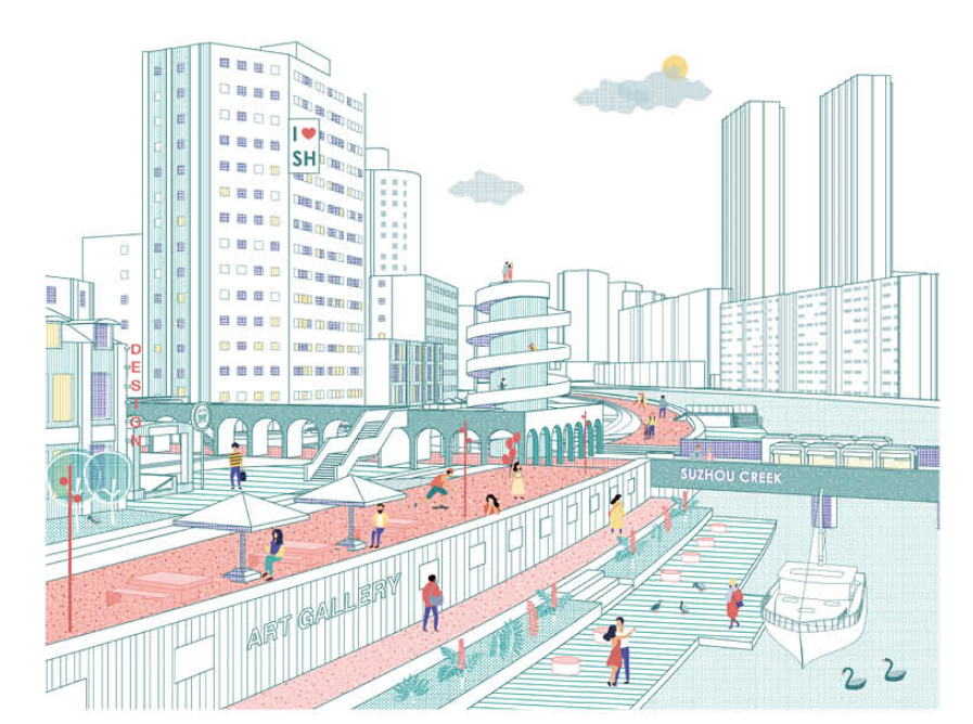 Waterfront perspective highlighting vibrant public terraces, cultural spaces, and continuous pedestrian access reconnecting the city with Suzhou Creek.
