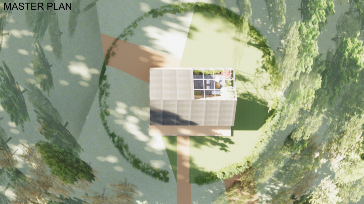 Grandma’s house sits within a landscaped clearing, connecting the residence, greenhouse, and surrounding forest through a simple path network.