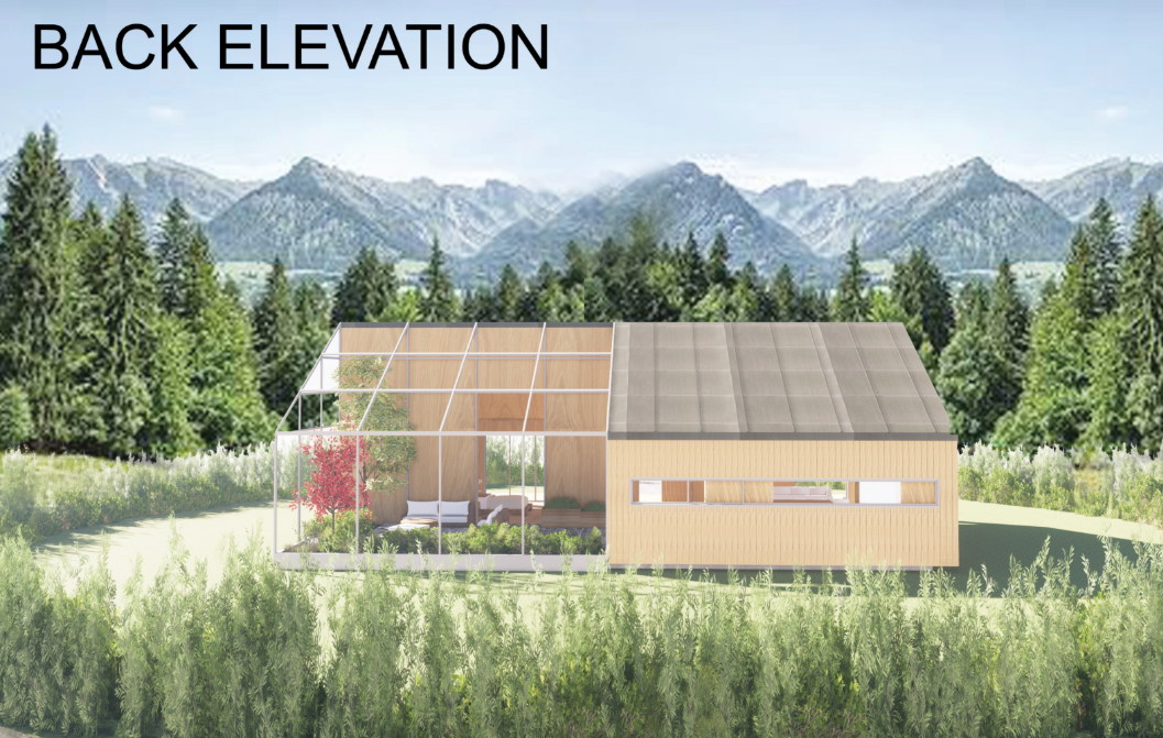 The rear façade combines warm timber cladding with a transparent greenhouse that opens the house toward the surrounding vegetation.