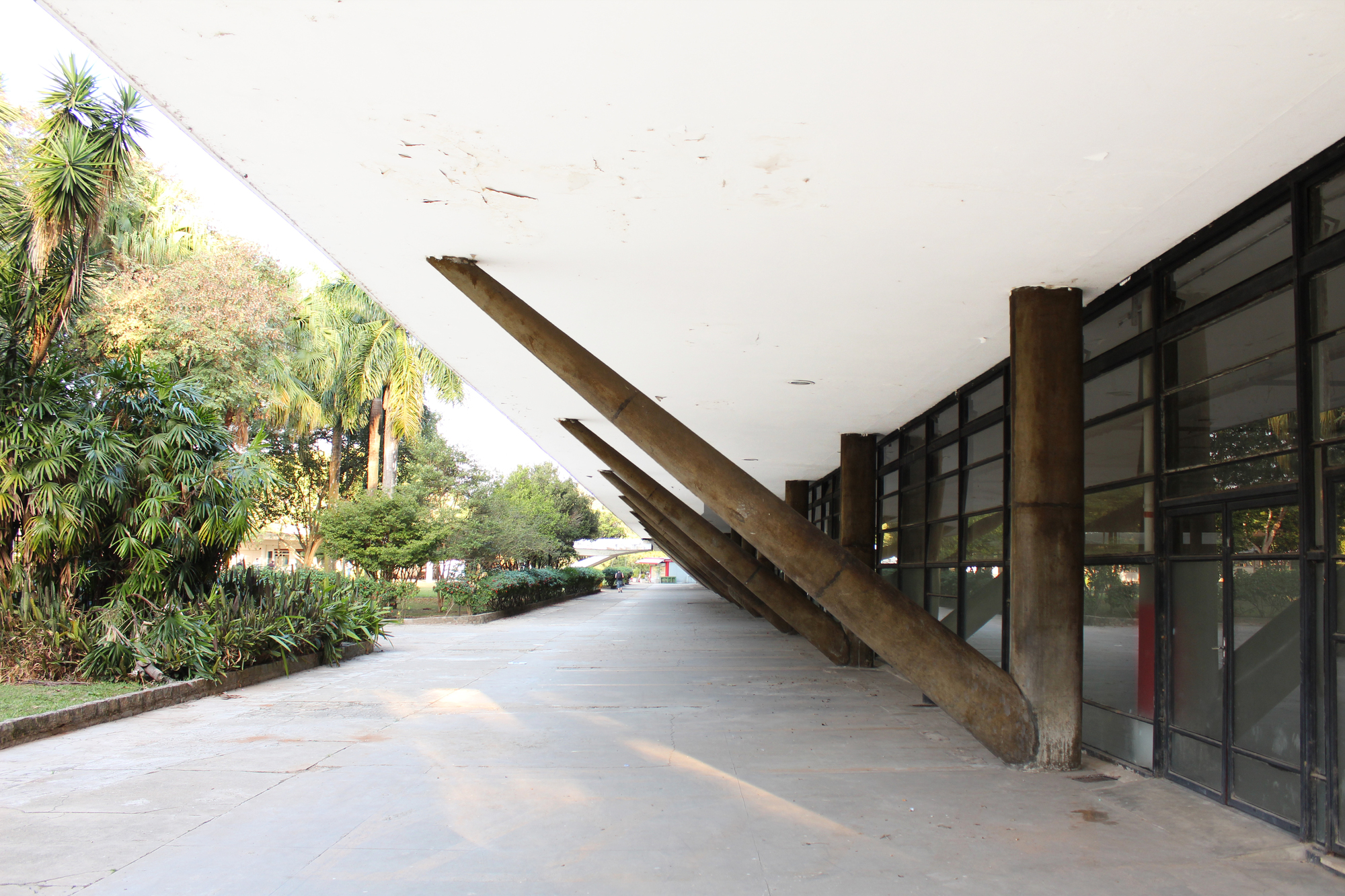 Covered entrance walkway with angled concrete columns supporting a cantilevered roof overhang above planted beds