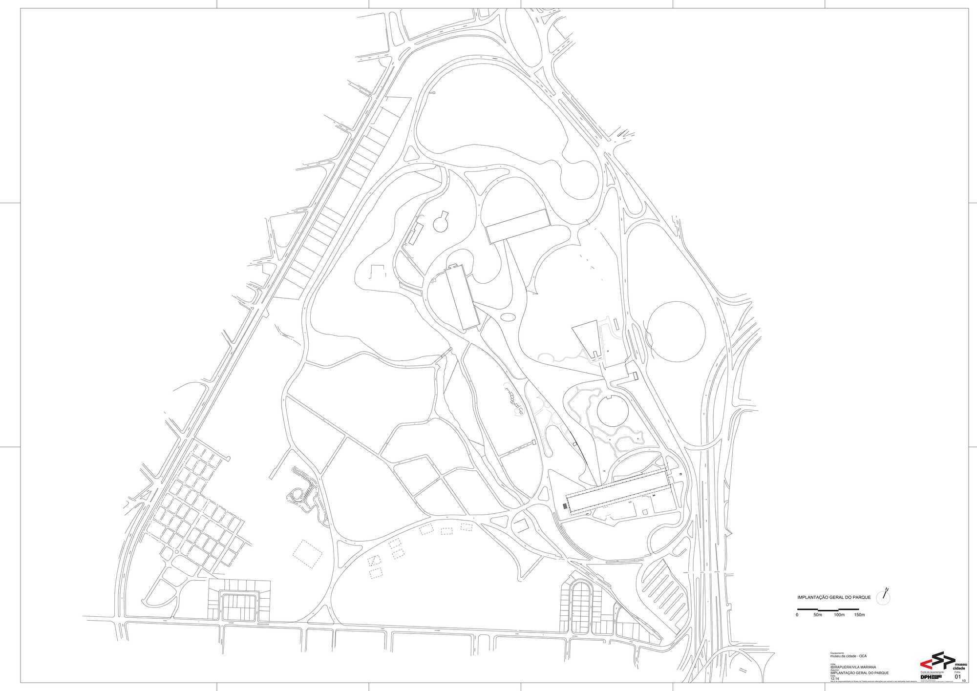 Site plan drawing showing curving pathways and circular planted areas across the triangular property