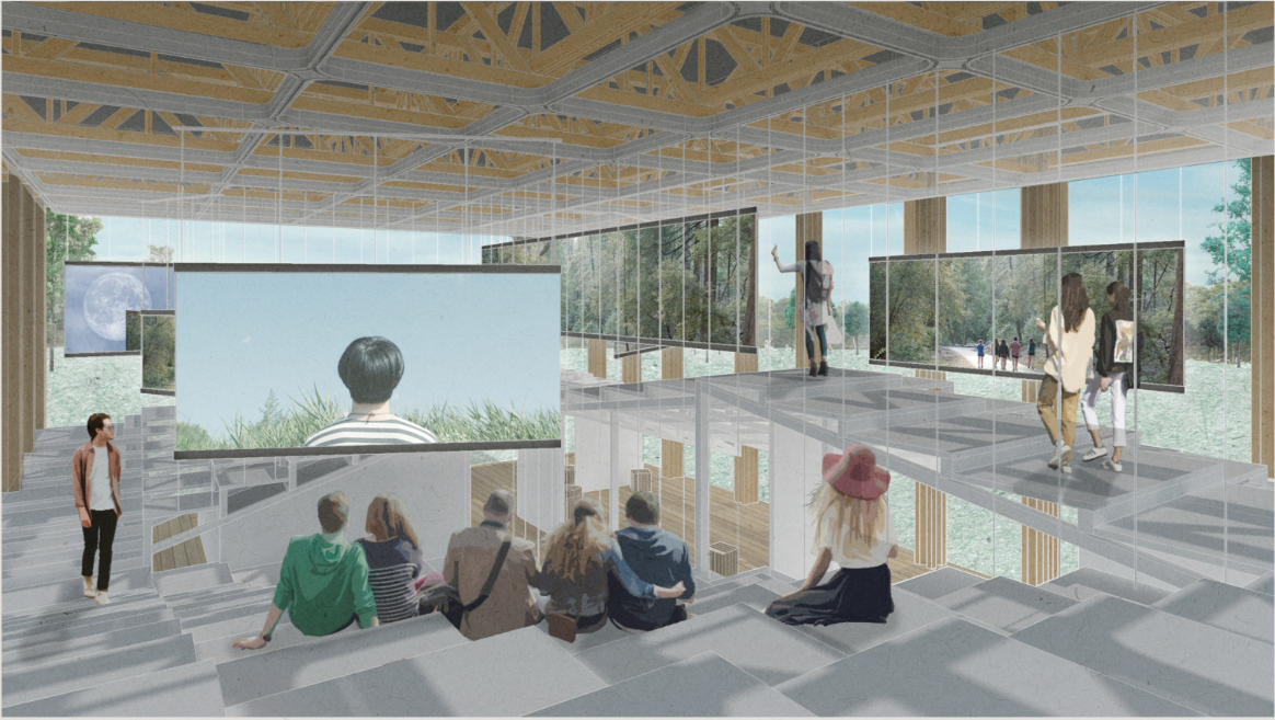 Flexible cinema terraces combine suspended screens with open circulation and informal public seating.