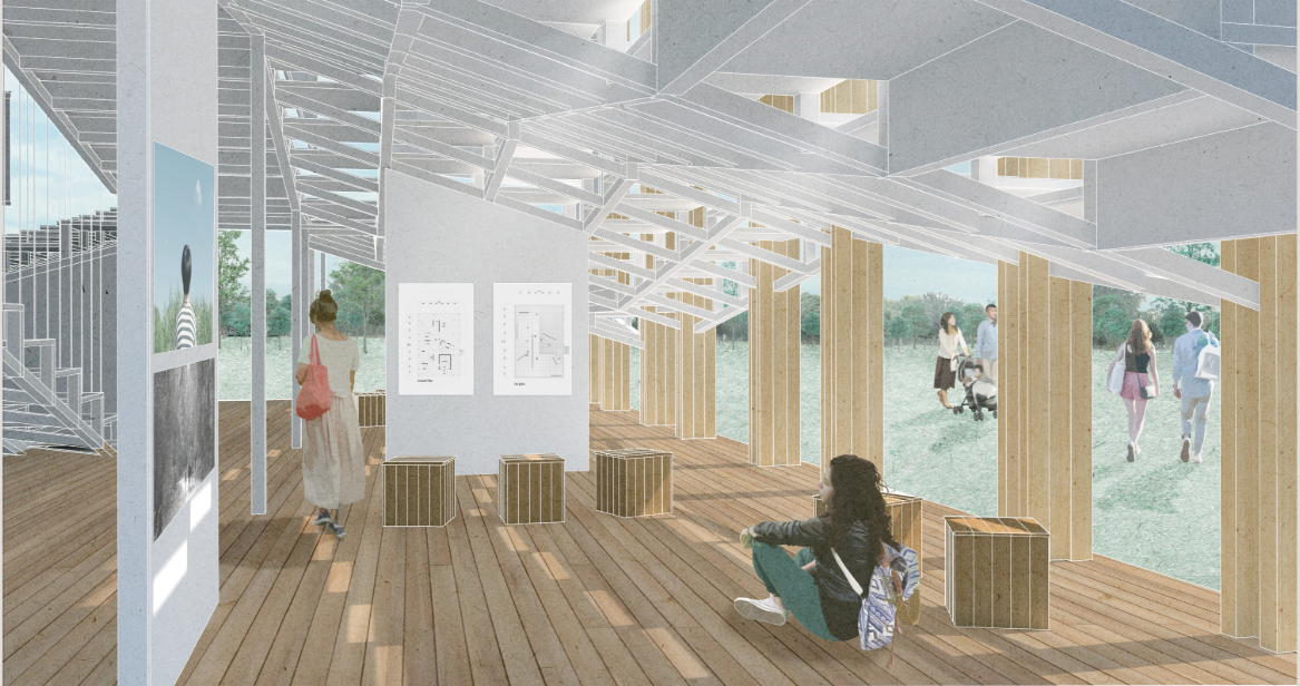 Open ground-level gallery space connects cinema, exhibition, timber structure, and surrounding landscape.