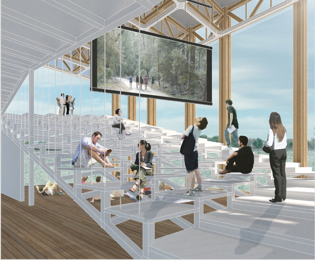 Modular stepped seating creates multiple viewing positions beneath a movable suspended cinema screen.