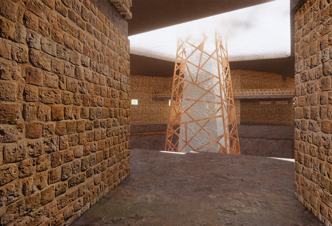 Earth-toned stone walls frame the chapel’s central water tower, creating a calm transition into the worship space.