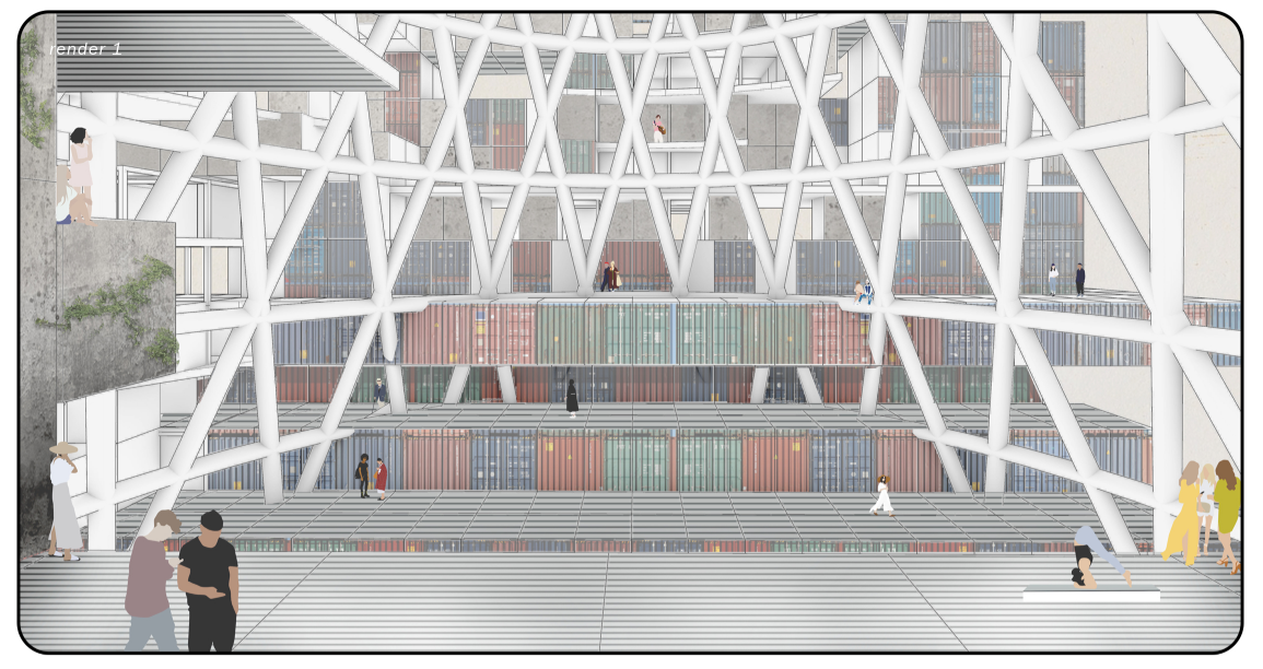 Central communal atrium framed by a dramatic diagrid structure and stacked living modules.