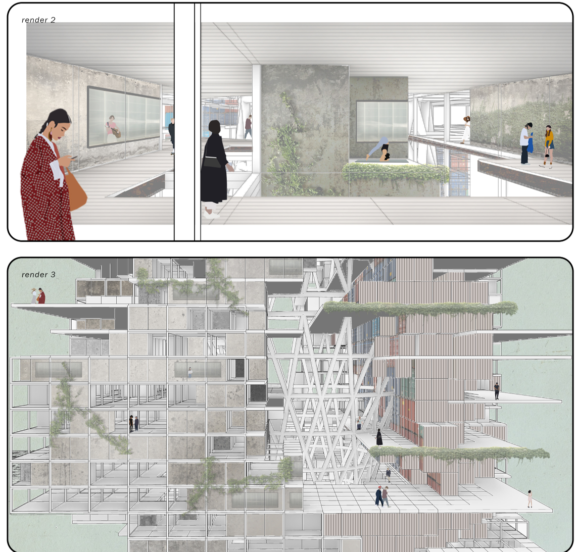 Flexible interior spaces combine circulation, greenery, work zones, and informal social interaction.