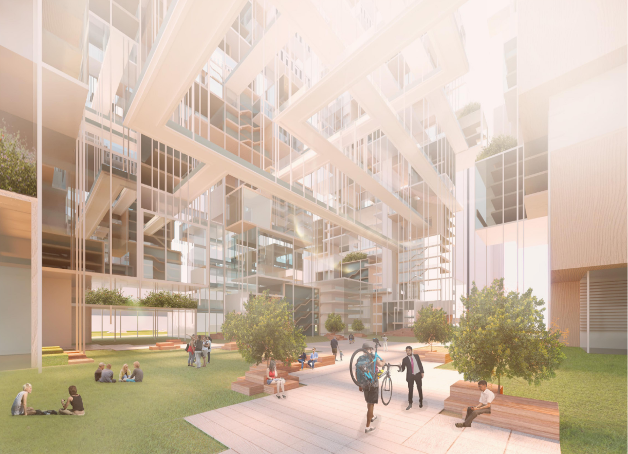 Landscaped public courtyard connecting Treehouse@SG’s vertical living, working, and social spaces.