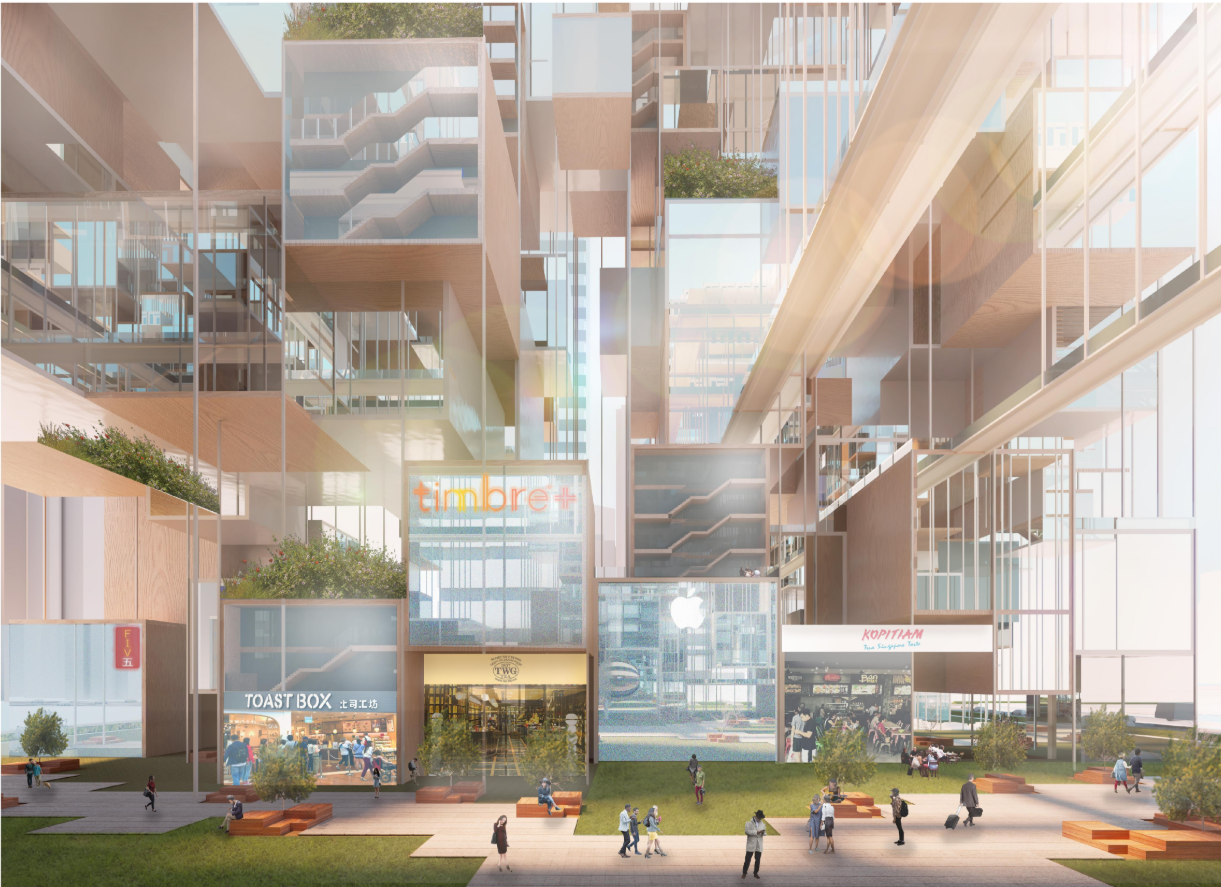 Active mixed-use plaza integrating retail, greenery, circulation, and communal gathering areas.