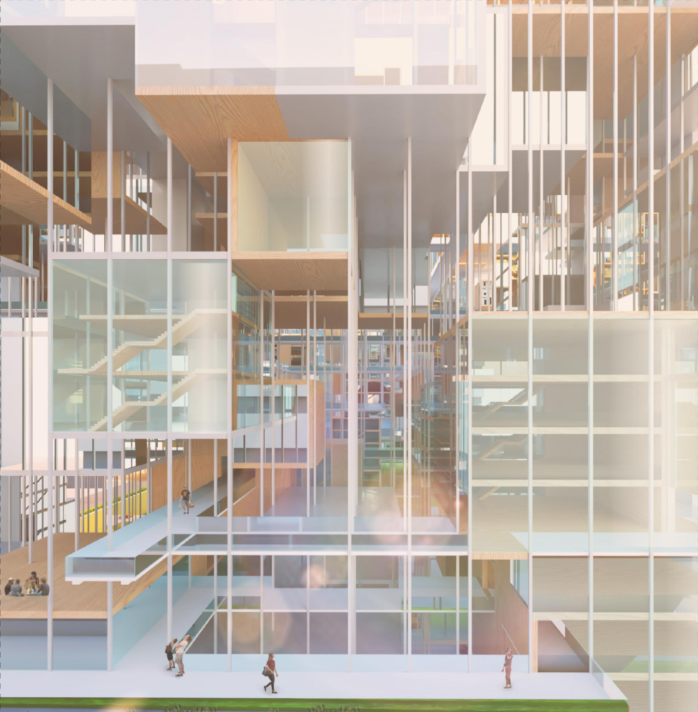 Open office spaces framed by transparent façades, layered circulation, and vertical connectivity.