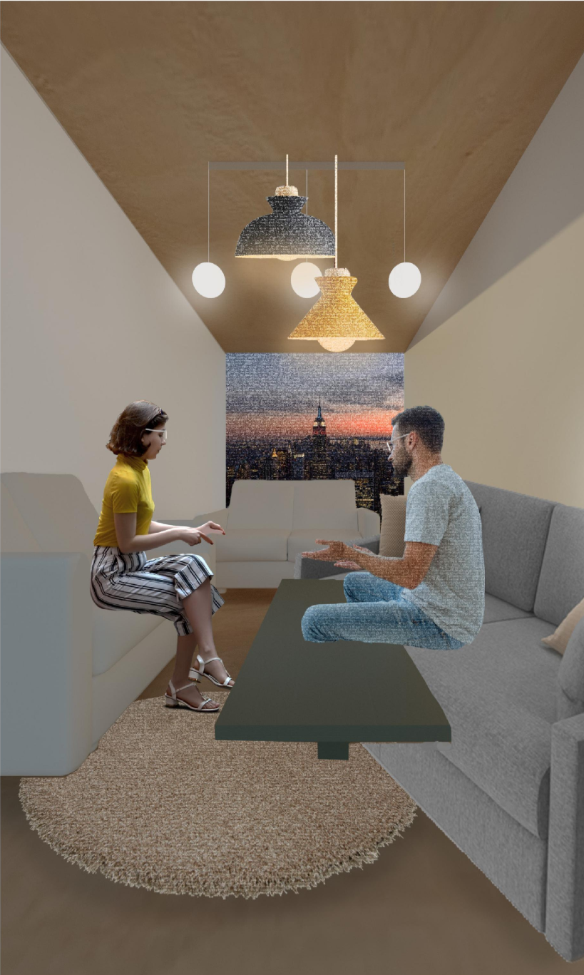 Venn Room interior designed for intimate interaction enhanced by immersive digital technology.