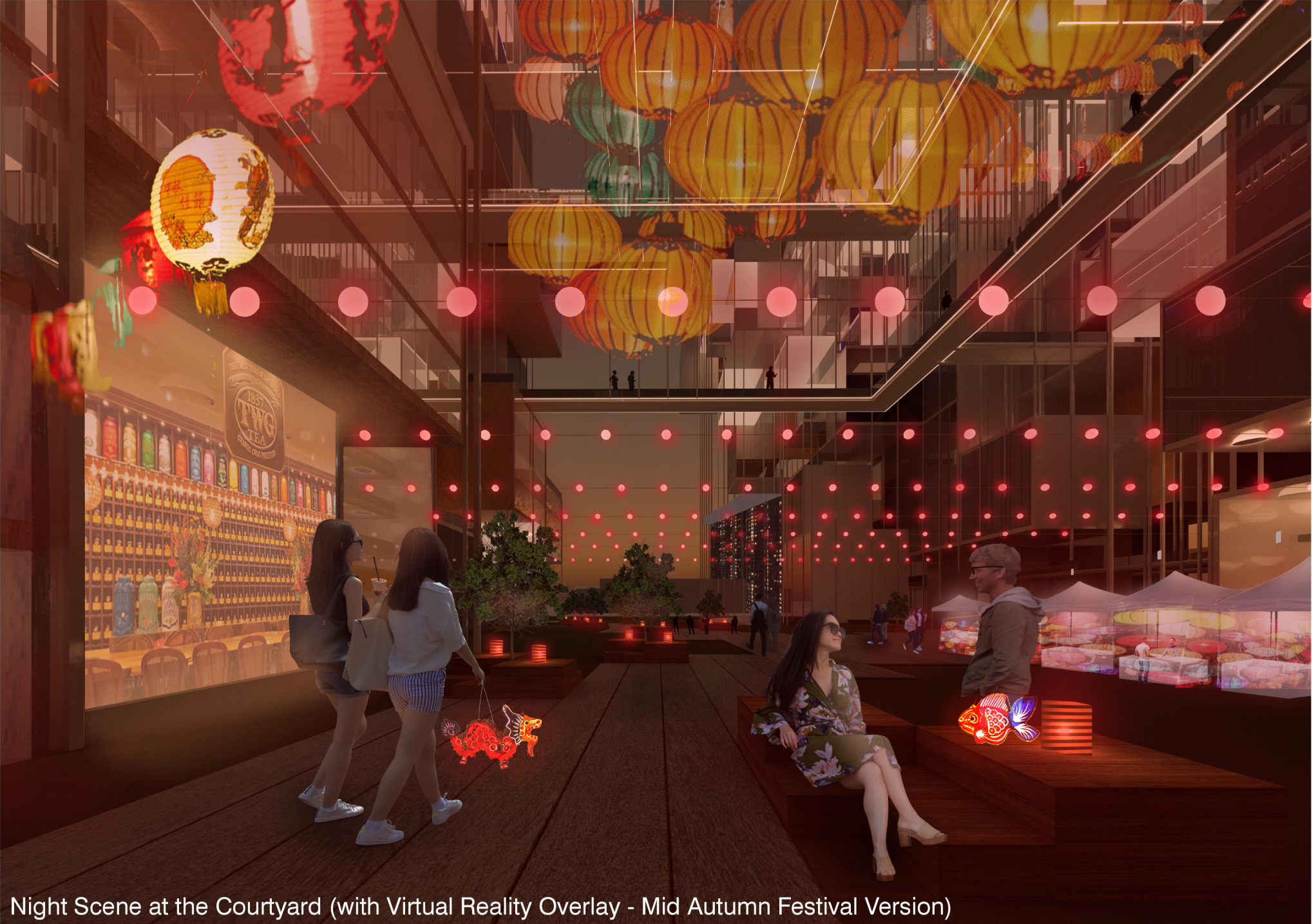 Immersive courtyard transformed by virtual reality overlays for a vibrant Mid-Autumn Festival experience.