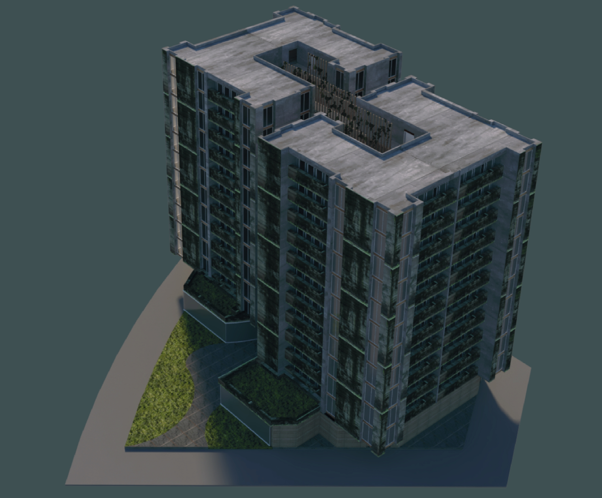 An elevated view reveals the twin-volume residential form integrated with green terraces and vegetated facades.