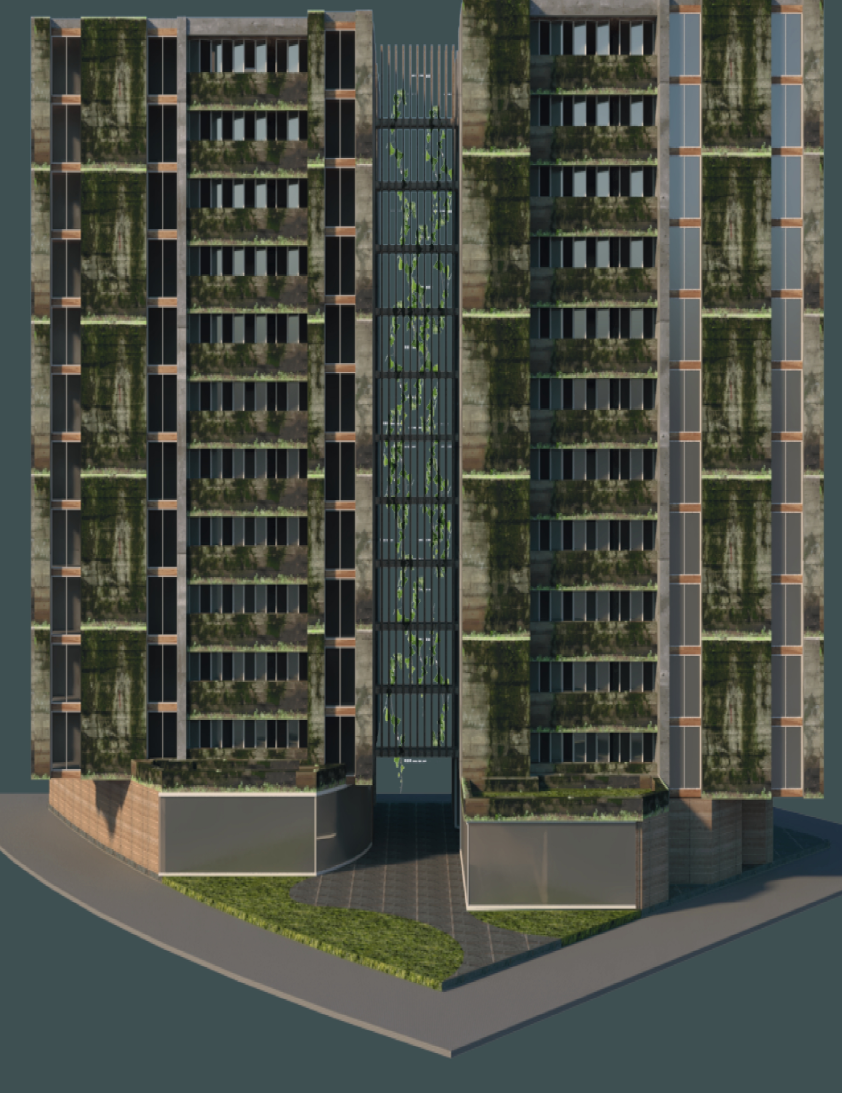 The front elevation combines vertical planting, shaded openings, and a central connecting bridge to strengthen contact with nature