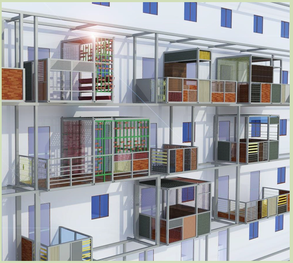 Modular balcony units with varied materials and enclosures.