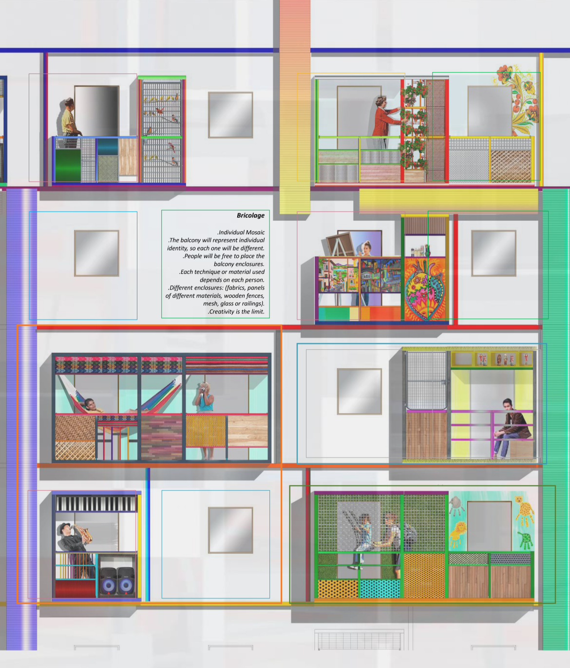 Personalized balconies expressing individual identity.