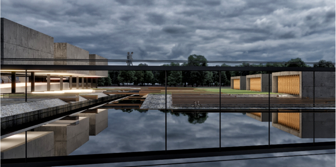 Reflecting pool with concrete platforms and glass-enclosed pavilions under a stormy sky at dusk