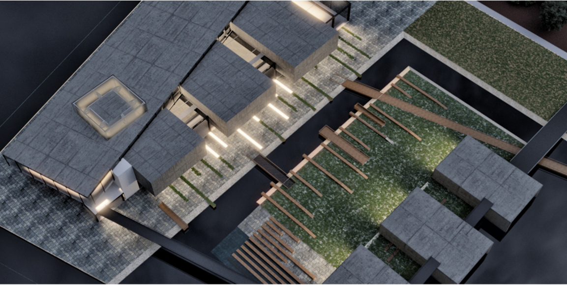 Aerial rendering showing flat roofs with planted courtyards and timber pergolas connecting offset volumes