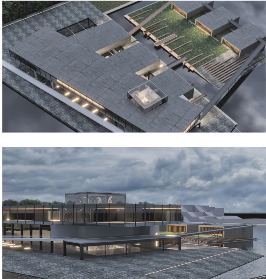 Aerial view of rooftop courtyards with planted gardens and timber walkways between illuminated glass pavilions