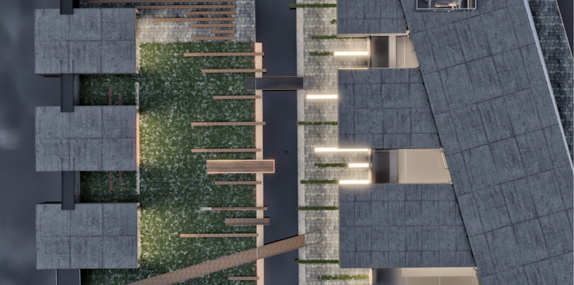 Overhead view of landscaped green courtyard with timber pergola bridges connecting gray stone rooftops