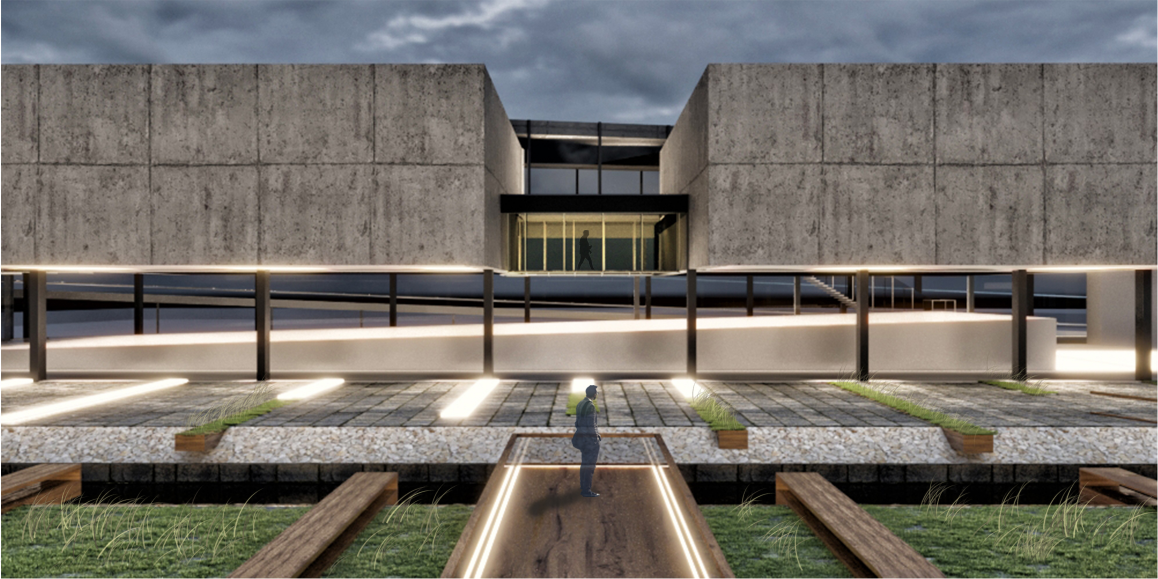 Concrete entrance facade with horizontal light strips and a single figure walking through the central plaza