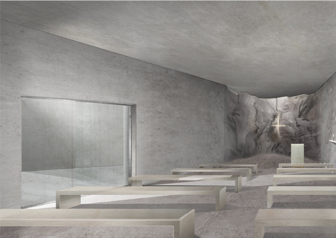 The underground prayer hall leads worshippers toward a carved stone altar.