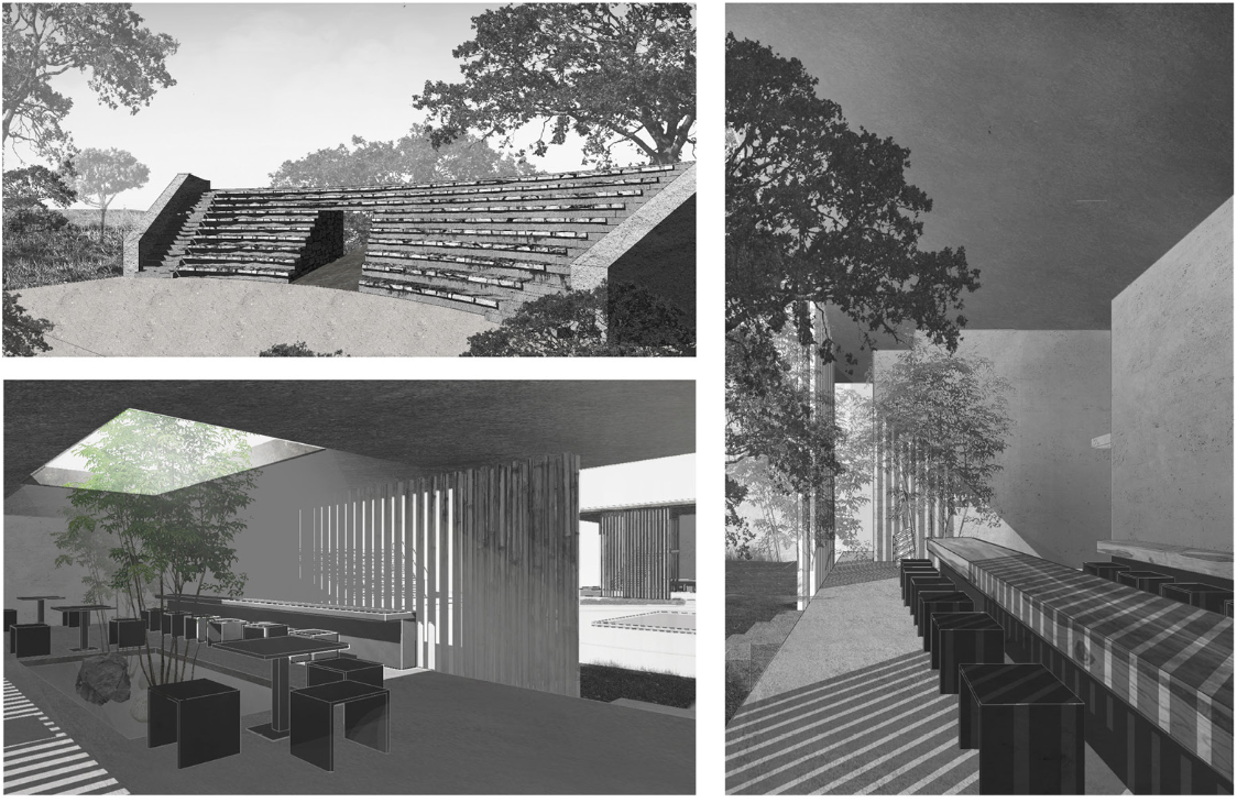 Communal seating and shaded gathering spaces extend the chapel into nature.