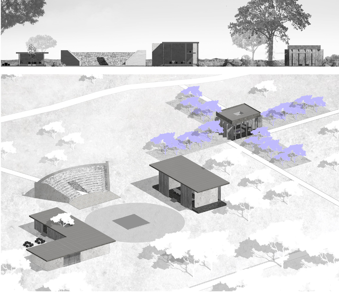 Site axonometric showing chapel buildings, stepped gathering space, and tree-lined landscape interventions.
