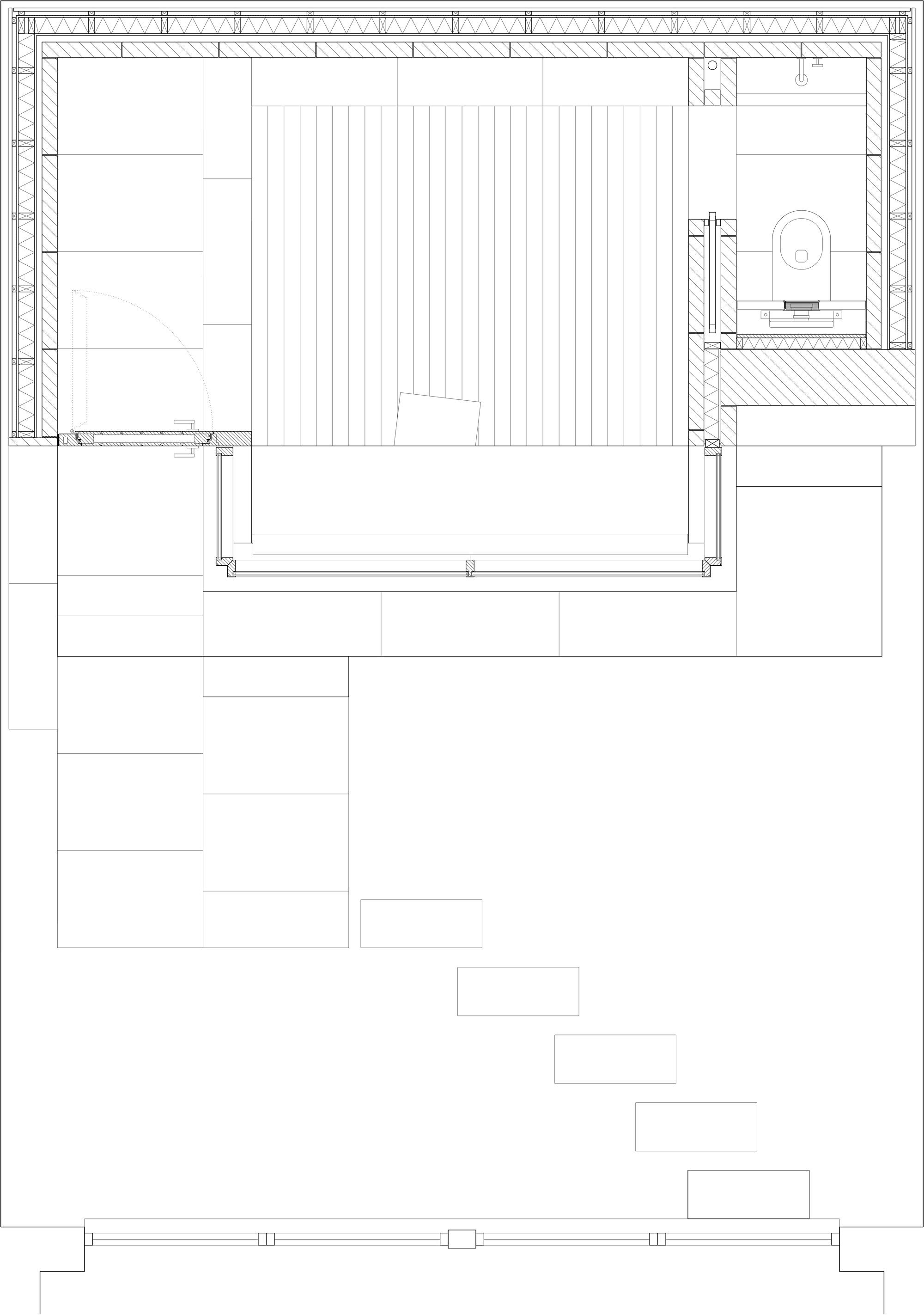 Floor plan drawing showing a rectangular space with linear deck and descending stair sequence