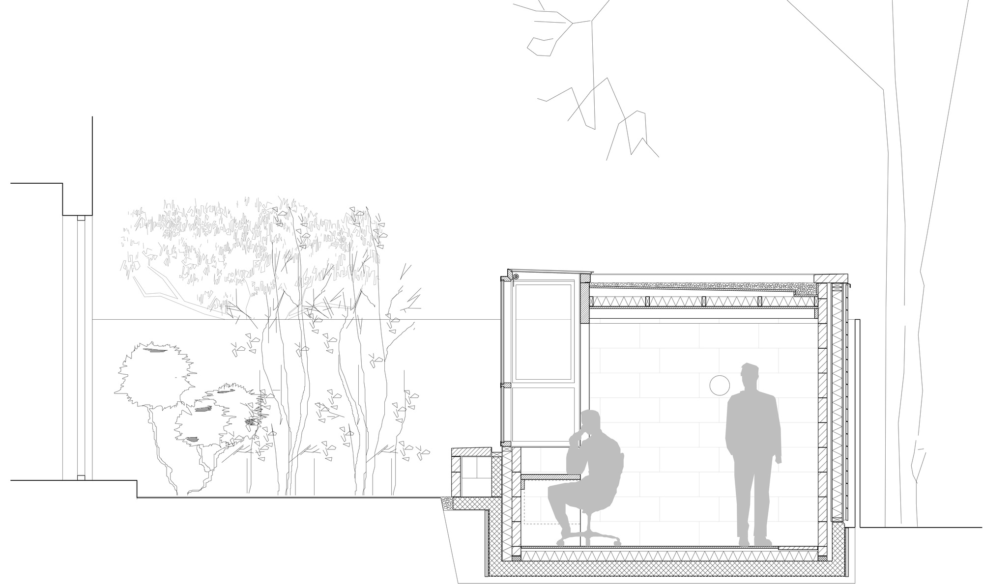 Section drawing showing a glazed room with two figures and outdoor vegetation beside it