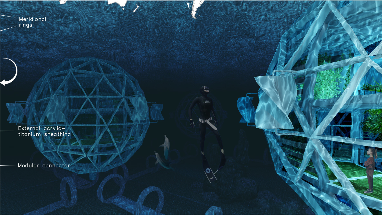 Underwater rendering showing geodesic dome modules with external acrylic sheathing and triangulated structural frames