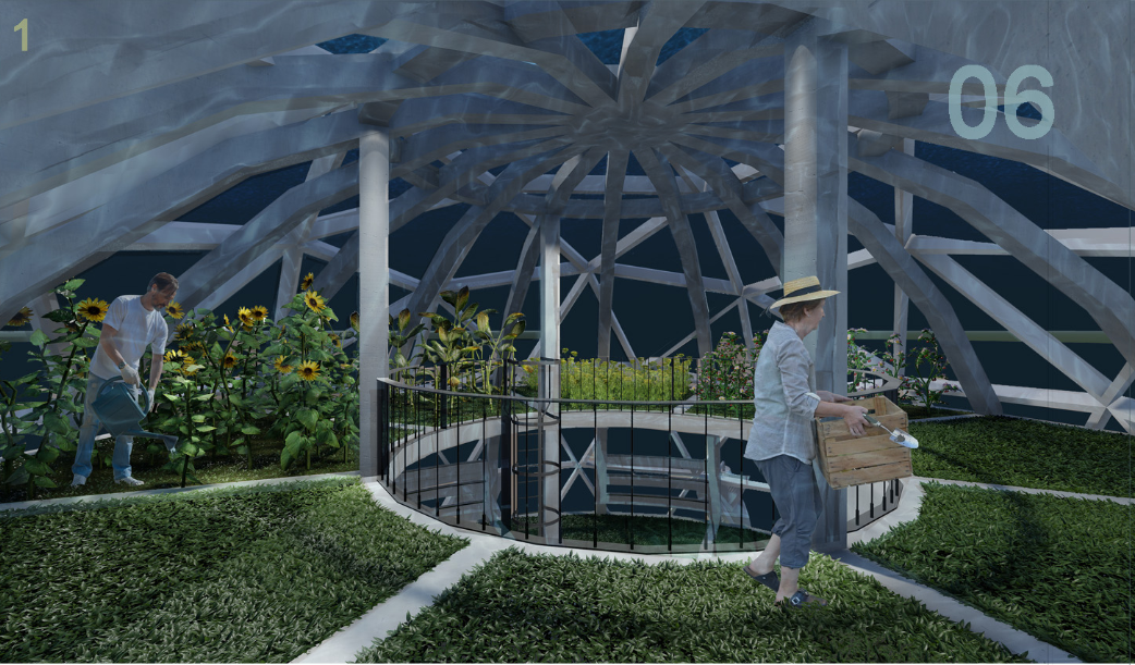 Interior garden terrace with raised planting beds and two figures tending sunflowers beneath a geodesic dome