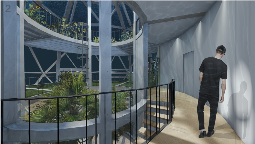 Curved interior walkway with metal railing overlooking multilevel planted terraces and a figure walking away